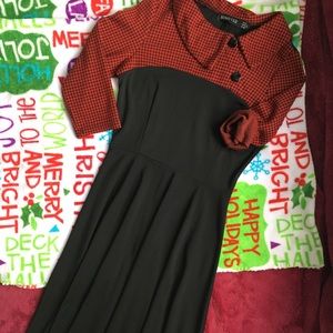 Red plaid and Black flow dress